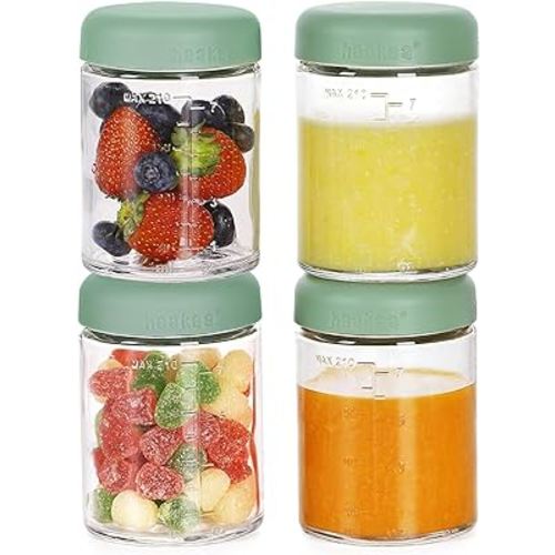haakaa Baby Food Storage Containers Set,100% Leak-Proof Glass Baby Food Jars with Silicone Lids, Fridge –Freezer & Microwave Safe,4 PCS 7 oz,Pea Green