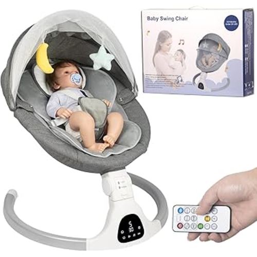 Electric Baby Swing for Infants, with Bluetooth Remote Control Timing Function and 10 Music 5 Swing Speeds 3 Seat Positions Baby Bouncer for Boy Girl Indoor & Outdoor Use (Gray)