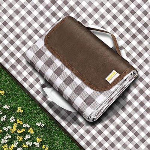 Large Outdoor Picnic Blankets Waterproof Foldable, Beach Blanket Sandproof Portable, Cute Picnic Mat Washable (Brown, 80"×80")