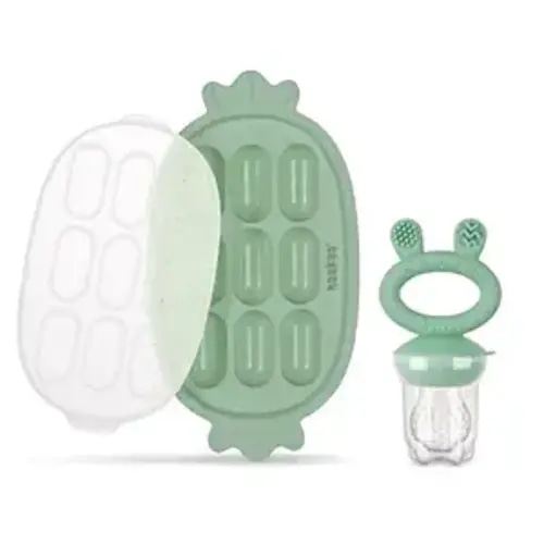 Haakaa Baby Fruit Food Feeder & Silicone Freezer Nibble Tray Combo - Breastmilk Popsicle Mold for Baby Cooling Relief, BPA Free Baby Mesh Food Feeder for Infant Self Feeding - Pea Green