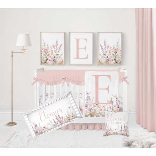 Wildflower Nursery Bedding Set, Wildflower Crib Bedding Set, Baby Girl Bedding, Pink Purple Baby Bedding Crib Set, Boho Floral Nursery Decor
