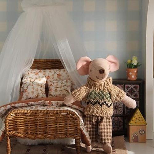 1:12 Scale Dollhouse Wicker Bed Handmade Miniature Rattan Bed with Pumpkin Floral Bedding Set for 3-6" Dolls (BJD&Fashion Dolls) Ideal Gift for Doll Collectors | Dollhouse Furniture