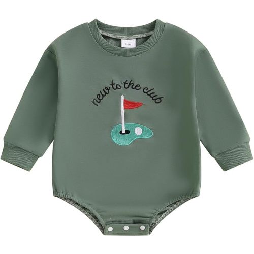 Baby Boy Fall Winter Outfit New To The Club Golf Embroidery Long Sleeve Sweatshirt Bubble Romper Newborn Onesie