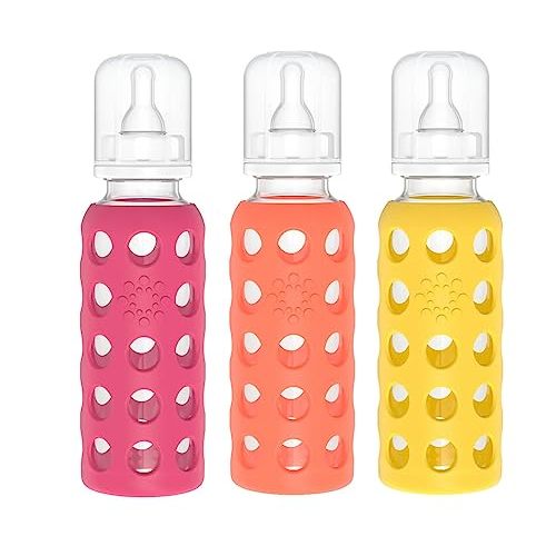 Lifefactory Glass Baby Bottle BPA Free | Protective Silicone Sleeve | 9 oz Pack of 3 | Raspberry, Papaya, Mango