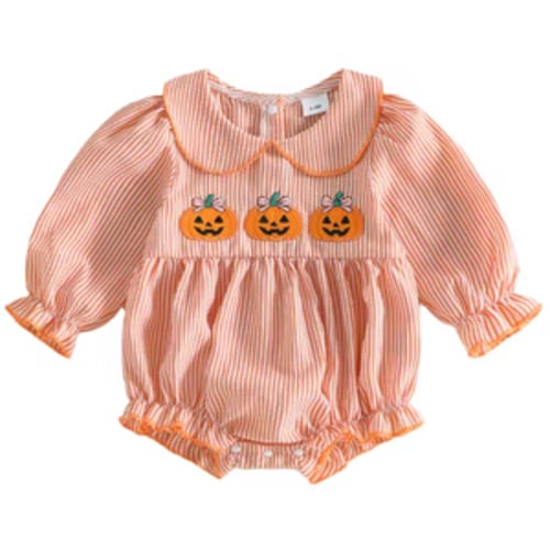 Smocked Collar Long Romper | Pumpkin Bow Stripe - PREORDER – BayBay Boutique