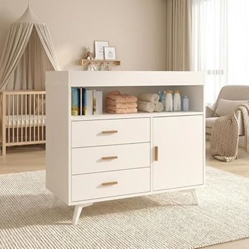 Nursery Dresser with Baby Changing Table,Diaper Changer Tables with 3-Drawer & Shelves, Wooden Baby Dresser with Top, Wood Diaper Changing Station