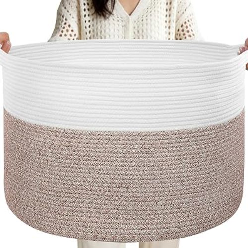 90L Large Blanket Basket Storage with Handles - White & Brown