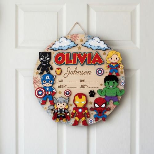 Personalized Super Hero Birth Announcement Sign, Custom Wooden Baby Name Plaque, Avengers Nursery Decor, Newborn Stats, Spider Man sign