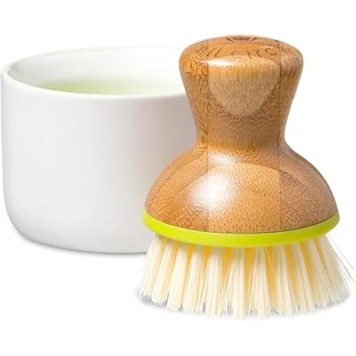 Full Circle Bubble Up Bamboo Dish Brush & Ceramic Soap Dispenser – Family Safe, Formaldehyde-Free – Kitchen Scrub Brush for Dishes, Nonstick & Cast Iron, White