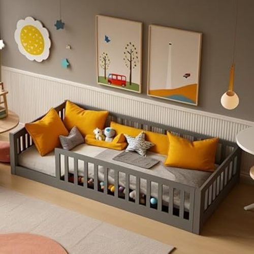 Twin Floor Bed w/Fence for Kids, Girls, Boys, Floor Bed with Safety Guardrails and Slats,No Box Spring Needed & Space Saving, Grey