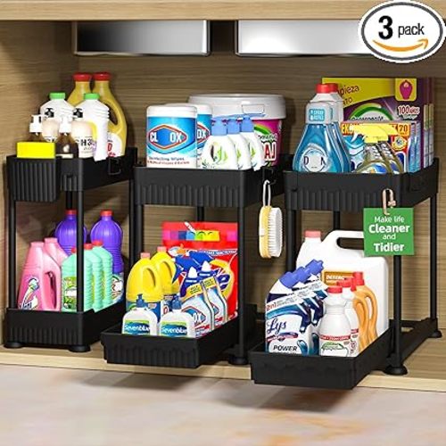 Sevenblue 3 Pack Under Sink Organizers, 2-Tier Multi-Use Kitchen and Bathroom Organizers and Storage with Sliding Drawers，Bathroom Cabinet Organizer (Black, 12.8 Inch)