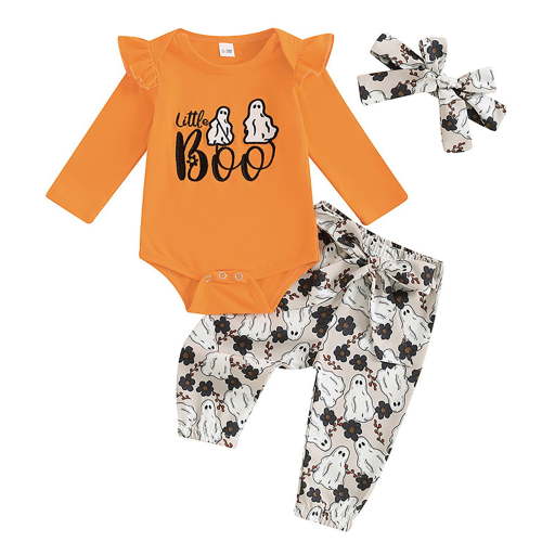 Mercatoo Toddler Baby Girls Halloween Clothes Set Alphabet Embroidered Long Sleeve Romper Cartoon Pants + Headband Girl Outfit
