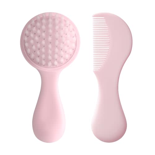 Baby Hair Comb Set Soft Baby Hair Brush Baby Comb Hair Comb Set Newborn Baby Hair Brush and Comb Set Baby Care Hair Brush for Girls and Boys,Ideal Present for Baby Pink