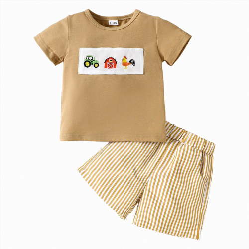 Toddler Baby Boy Clothes Summer Outfits Embroidery Trucks Smocked Shirt T-Shirt + Gingham Shorts 1T 2T 3T