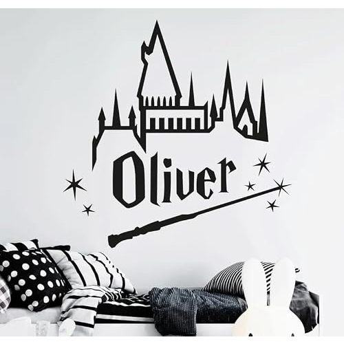 Custom Wizard Name Wall Decal for Kids Room - Personalized Wand Castle Wall Sticker Wallpaper - Emo Room Decor Unisex Magic Teen Wall Decoration - Strars Bedroom Art Mural Vinyl Sticker