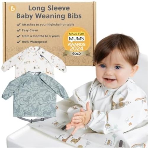 BIBaDO - Long Sleeve Baby Bibs - Babies & Toddlers 6-36 Months - Coverall Baby Led Weaning Bib - Easy Wipe, Soft & Waterproof