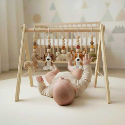 Handmade Dog Baby Gym | Wooden Baby Play Gym with Crochet Puppy Toys | Montessori Baby Activity Gym | Neutral Nursery Decor | Baby Gift