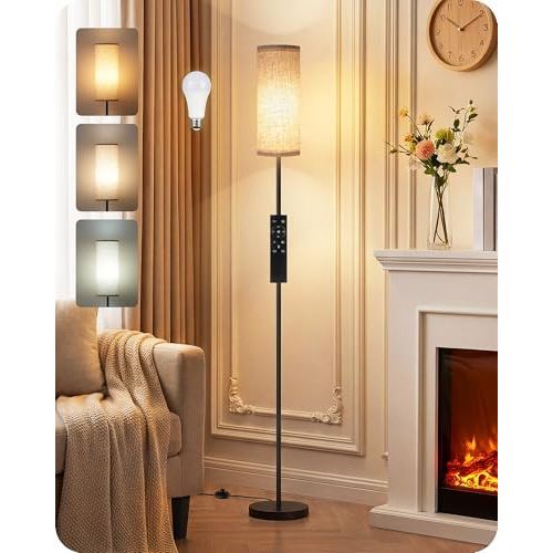 64.4” Slim Floor Lamp for Living Room with Magnetic Remote and Foot Switch, Dimmable Standing Tall Lamp Mood for Bedroom Nursery, 3 Color Temperatures, 1-Hour Timer,900LM Bulb Included,Beige E06LD05W1