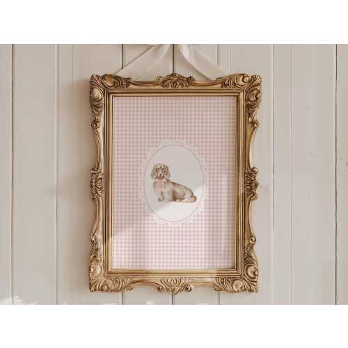 Watercolor Dachshund Nursery Art | Pink Nursery Farmhouse Decor | Girls Room Decor Vintage Dog Art | Gingham Dog Painting Printable Wall Art