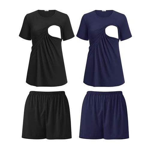 Ekouaer 2 Pack Women's Nursing Pajamas Set Double Layer Maternity Pjs Postpartum Loungewear Set Breastfeeding Tops & Shorts