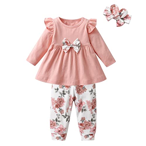 3PCS Baby Girl Clothes Ruffle Floral Shirt Tops Pants Headband Outfit Sets