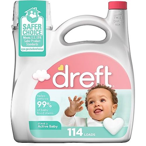Dreft Stage 2 Active Baby Liquid Laundry Detergent, Helps Remove 99% of Baby Food Stains, 114 loads