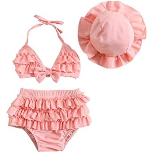 Yccutest Infant Baby Girl Flower Swimsuit 3Pcs Halter Triangle Tops Ruffle Bottoms Sun Hat Bikini Set Bathing Suit Swimwear