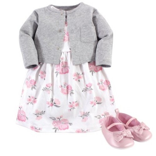 Hudson Baby Infant Girl Cotton Dress, Cardigan and Shoe 3pc Set, Pink Gray Floral, 3-6 Months