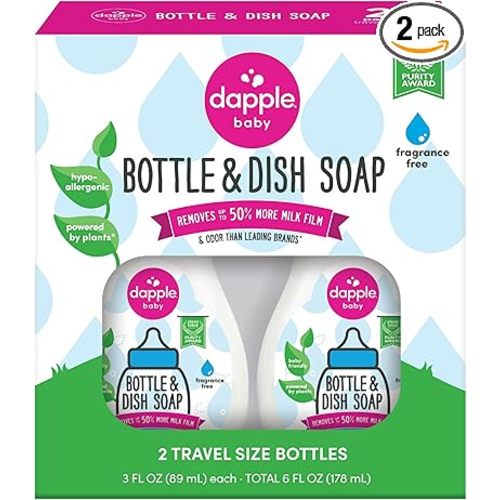 Dapple Baby Fragrance-Free Baby Bottle & Dish Soap - (2 Pack) 3 fl oz - Plant-Powered Cleaner for Bottles, Pump Parts, and Sippy Cups - Travel Size