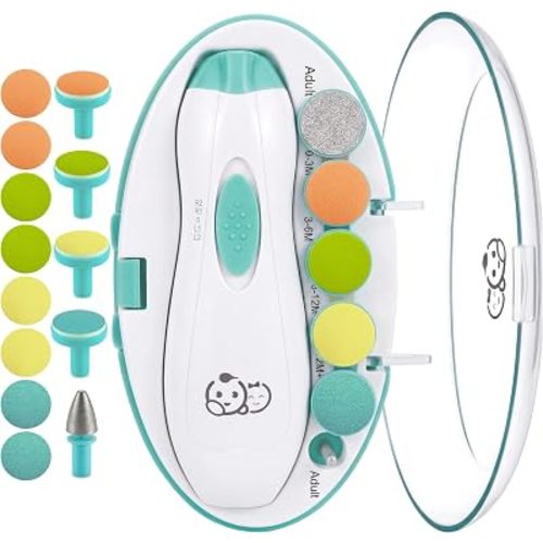 Royal Angels Upgraded 21 in 1 Baby Nail Trimmer with Labeled Case, 13 Extra Replacement Pads, Safe Electric Baby Nail File Kit for Newborn & Toddler, Whisper Quiet Nail Clipper with LED Light (Green)