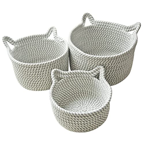 Small Woven Baskets | Mini Storage Bins | Cotton Rope Baby Nursery Organizers | Cute Round Cat Ears Basket for Organizing Desk Decor Kids Toy Dog Cat Baby Girls Gift-Set of 3(Grey mixed White)