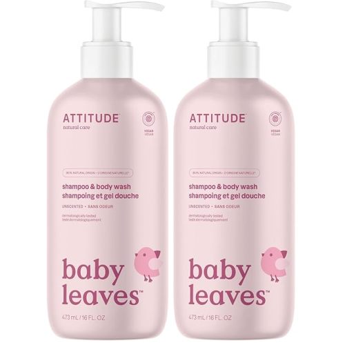 ATTITUDE 2-in-1 Shampoo & Body Wash for Baby, Fragrance-Free EWG Hypoallergenic Plant- & Mineral-Based Ingredients, Vegan and Cruelty-Free, Unscented, 16 Fl Oz, (Pack of 2)
