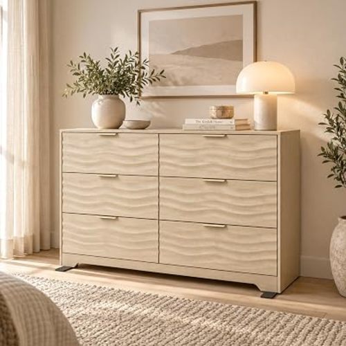 MALOL 48" Wide 6 Drawers Dresser for Bedroom, Coastline Fluted Modern Dresser Drawer with Metal Handle, Storage Chest of TV Stand Organizers Wooden for Living Room, Hallway, Closet, Natural Wood