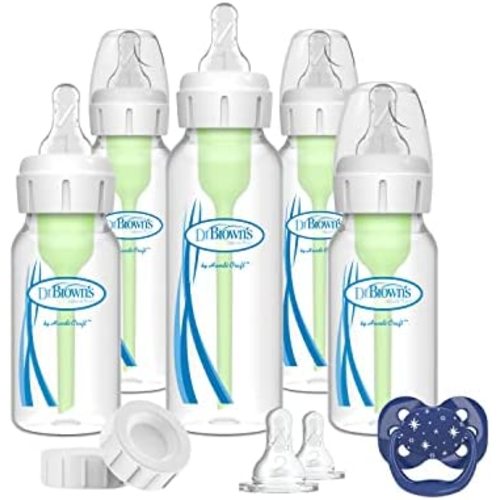 Dr. Brown’s Natural Flow® Anti-Colic Options+™ Narrow Baby Bottle Gift Set with Advantage™ Pacifier, and Bottle Travel Caps