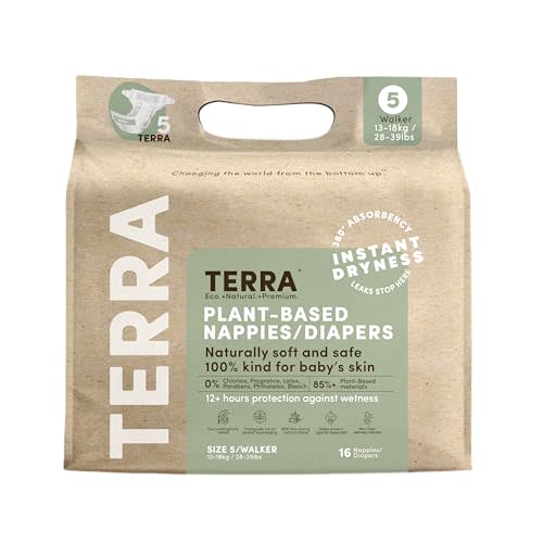 Terra Size 5 Plant-Based Diapers: Ultra-Soft & Chemical-Free for Sensitive Skin, Superior Absorbency for Day or Night, Toddlers 28-39 Pounds, 16 Count