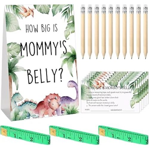 Sabary 64 Pcs Baby Shower Games Include How Big is Mommy's Belly Sign Measure Bump Game 50 Cards 10 Pencils 3 Measuring Tapes for Baby Shower Gender Reveal Party Supplies(Dinasour)