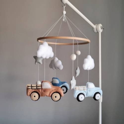 Felt Truck Baby Mobile, Clouds and Stars, Nursery Decor