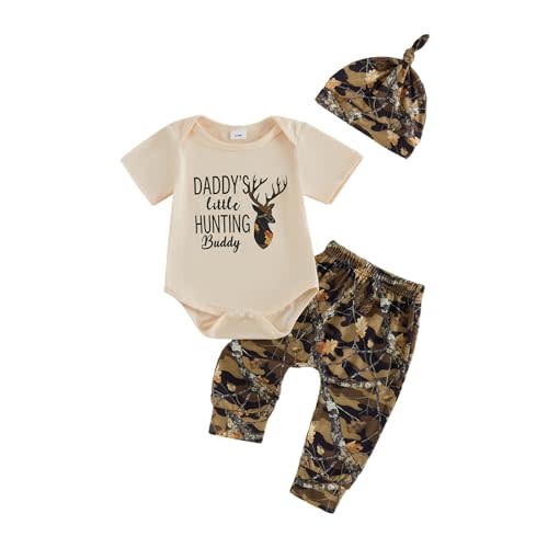 Newborn Baby Boy Summer Clothes Daddy’s Hunting Buddy Deer Printed Short Sleeve Romper Pants Hat 3PCS Set