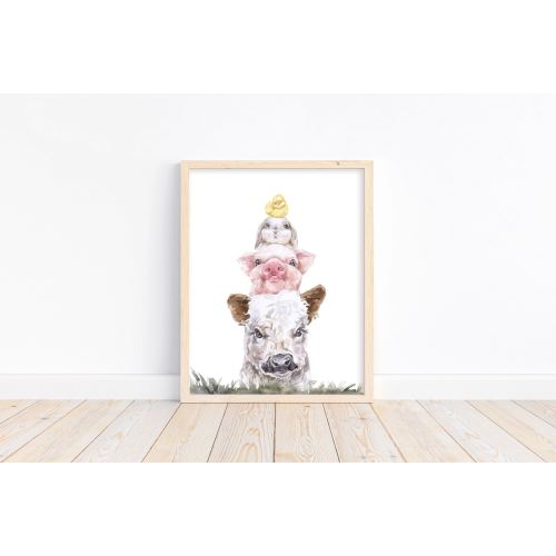 Peekaboo Farm Animal Stack Watercolor Rustic Nursery Decor Unframed Print, Cow, Pig, Bunny Rabbit and Chicken