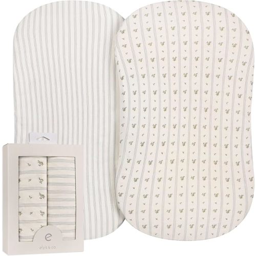 Ely's & Co. Bassinet Sheets, Baby Boy Fitted Bassinet Mattress Sheet Set - 2 Pack, 100% Jersey Knit Cotton, fits Oval, Hourglass and Rectangle Mattress, Blue Linear Berry Leaf, 32”x16”x3”