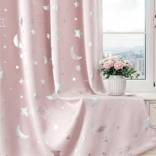 WUBODTI Pink Curtains for Girls Bedroom Blackout Star Curtains for Baby Nursery Kids Room 54 Inch Length, Cute Silver Star Patterned Space Theme Thermal Insulated Curtain Drapes 2 Panel Sets