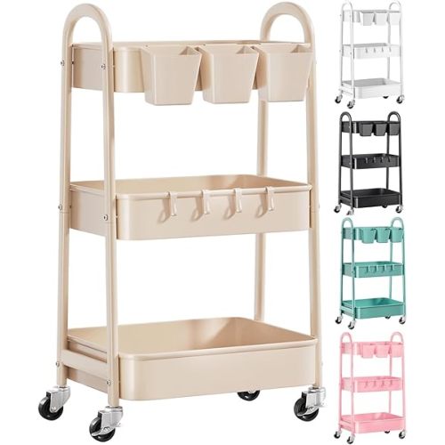 3 Tier Khaki Metal Utility Rolling Cart, Storage Cart with Handle and Lockable Wheels, Multifunctional Organizer Trolley with Mesh Storage Baskets for Kitchen, Office, Living Room, Laundry, Garage