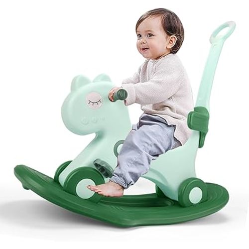 4 in 1 Rocking Horse for Toddlers 1-3 Years Old, Baby Rocking Toy Fun Birthday Gift for 1+ Kids, Ride on Toy with Detachable Balance Board and Footrest,Balance Bike with Push Handle(Green)