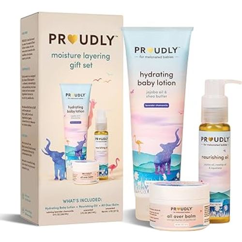 PROUDLY Moisture Layering Gift Set by Gabrielle Union & Dwyane Wade, Baby Lotion, Baby Oil & All Over Balm, Black & Brown Babies & Dry, Sensitive Skin