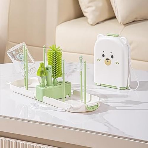 6-in-1 Travel Baby Bottle Brush Set,Silicone Brush Kit with Bottle Brush, Soap Dispenser,Nipple Brush,Straw Brush,Drying Rack,Storage Case,Stocking Stuffers for Women(Green)