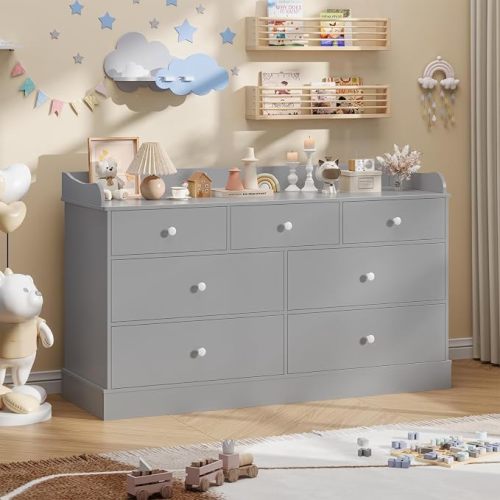 Vabches Kids Dresser Cabinet with 7 Drawers and Large Table Top, Multi-Functional Chest of Drawers, Baby Dresser, Kids Bedroom Furniture, Nightstand for Child’s Room, Gray