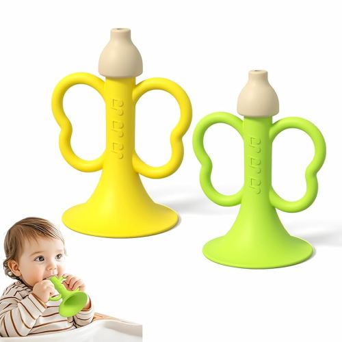 Baby Silicone Trumpet Teething Toy, 2PCS Yellow & Green Soft Horn for Sensory Play & Teething Relief, Easy Grip Toys 0-6 6-12 Months, BPA-Free Baby Teether Instrument for Infants & Toddlers