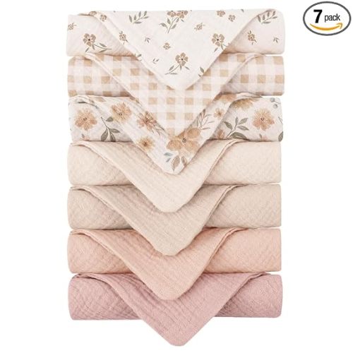 Konssy Baby Muslin Washcloths 7-Pack, 100% Cotton Baby Bath Washcloths, Soft & Absorbent Wash Cloths and Burp Cloths for Newborn Kids Girls & Boys, 11x11 inches