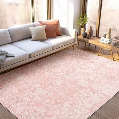 FROZZUR Boho Pink Area Rug 5x7 – Soft Washable Vintage Rug with Non-Slip Backing for Living Room, Bedroom & Nursery, Cozy Home Decor