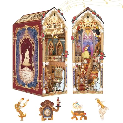 Tonecheer DIY Book Nook Kit for Adults, 3D Wooden Puzzle Music Booknook Miniature Dollhouse, Fairy Tale Bookend Bookshelf Decor with Dust Cover and LED Lights Gifts (Beast‌ and Beauty)